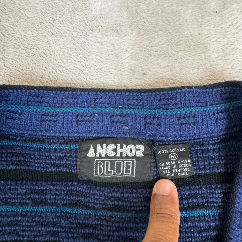 Vintage 90s Anchor Blue Cardigan Sweater Mens M Preowned Striped Knit‎ Preppy
